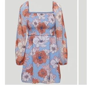 Aritzia Wilfred Villa Blue Floral Smocked Long Sleeve Dress Sz 14